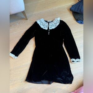 Black Velvet Dress with Lace Collar